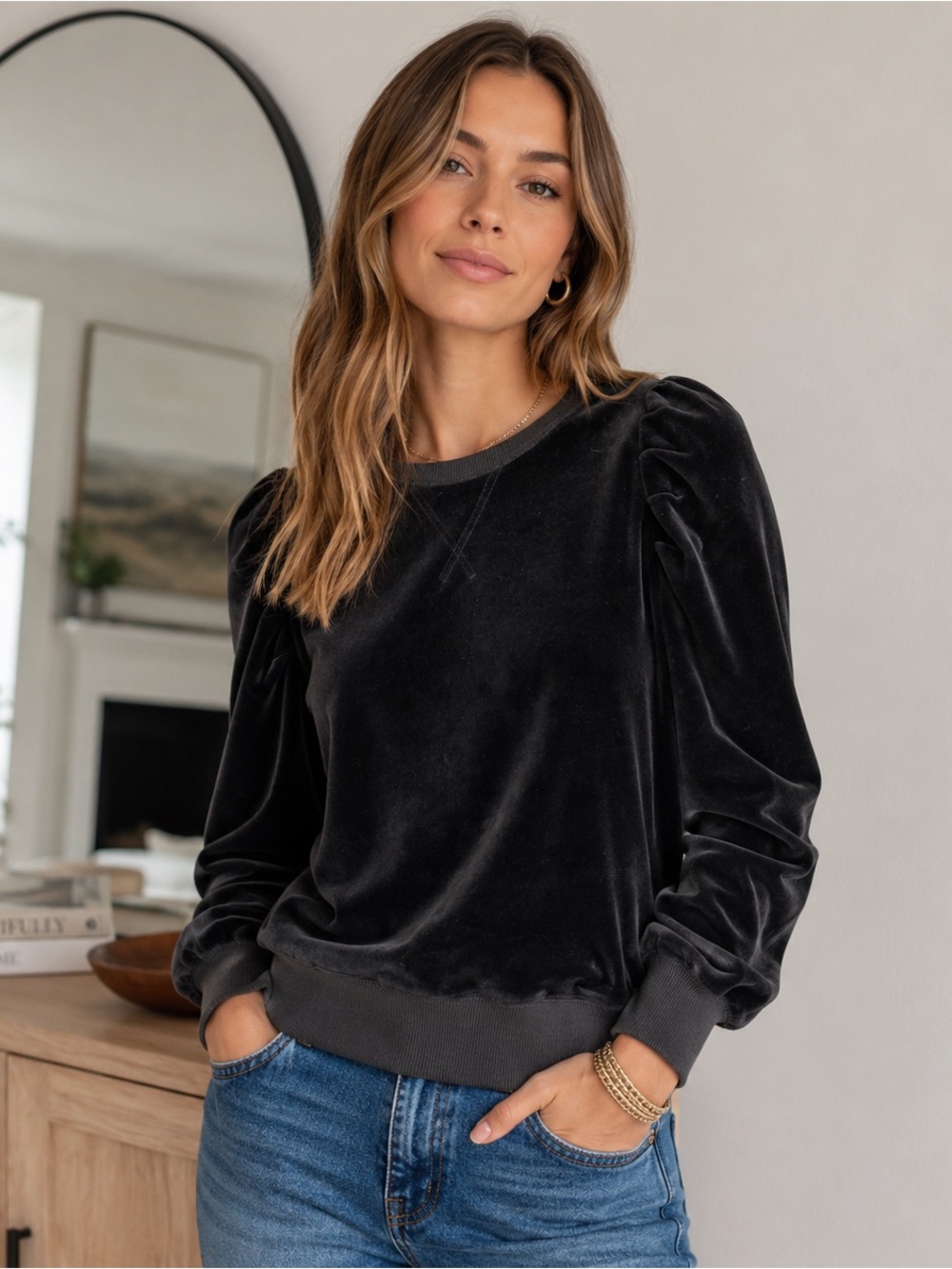 Rebecca Minkoff Black Velvet Puff Sleeve Sweatshirt Medium Preppy Coquette Chic